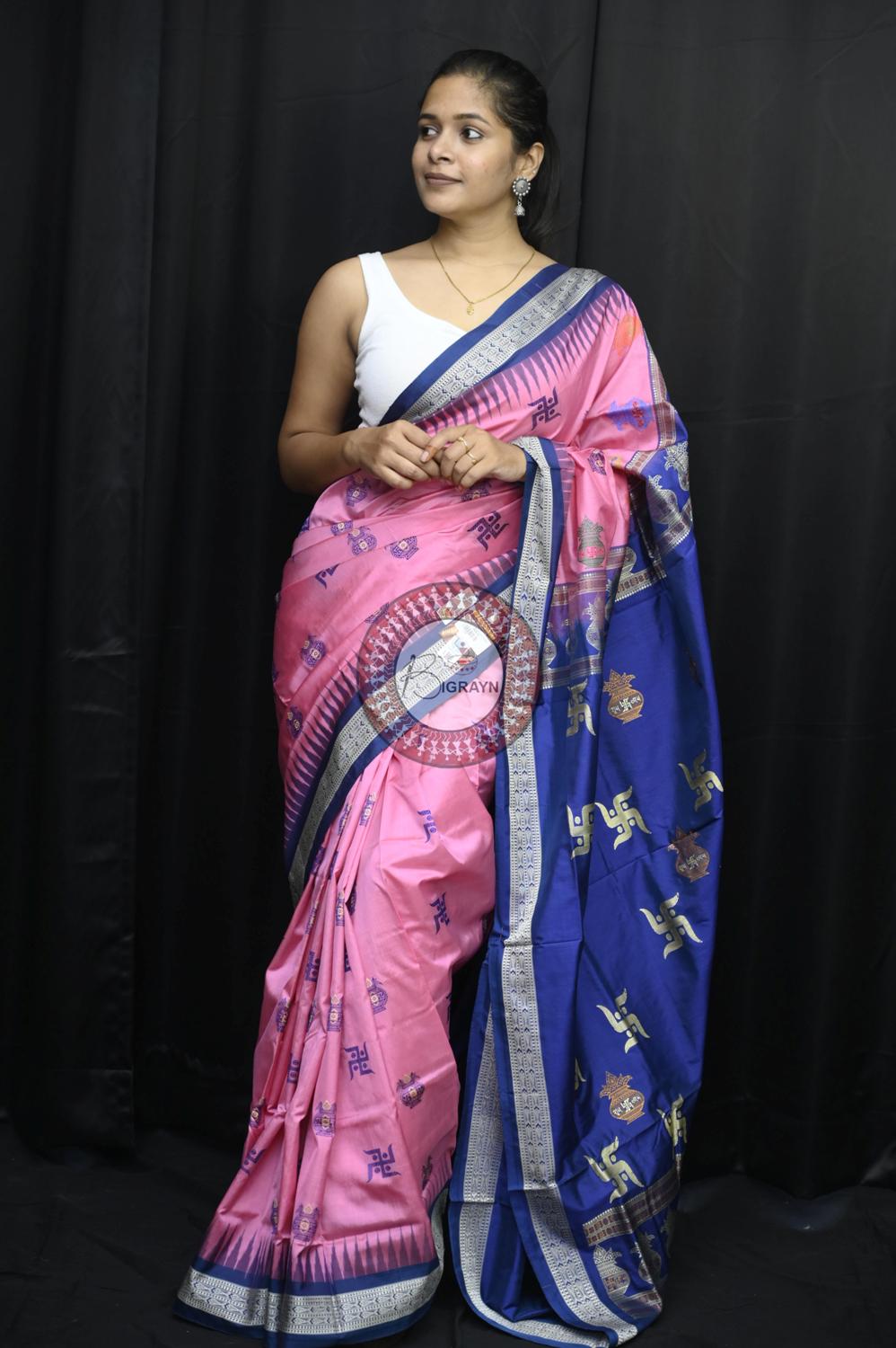 Pink Blue Swastik Kalash Silk Saree