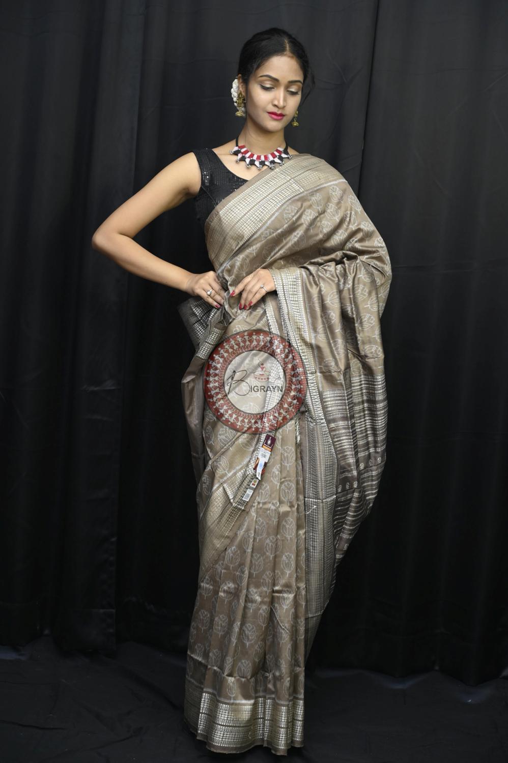 Gray Tulips Tea Leaf Natural Dye Sambalpuri Silk Saree