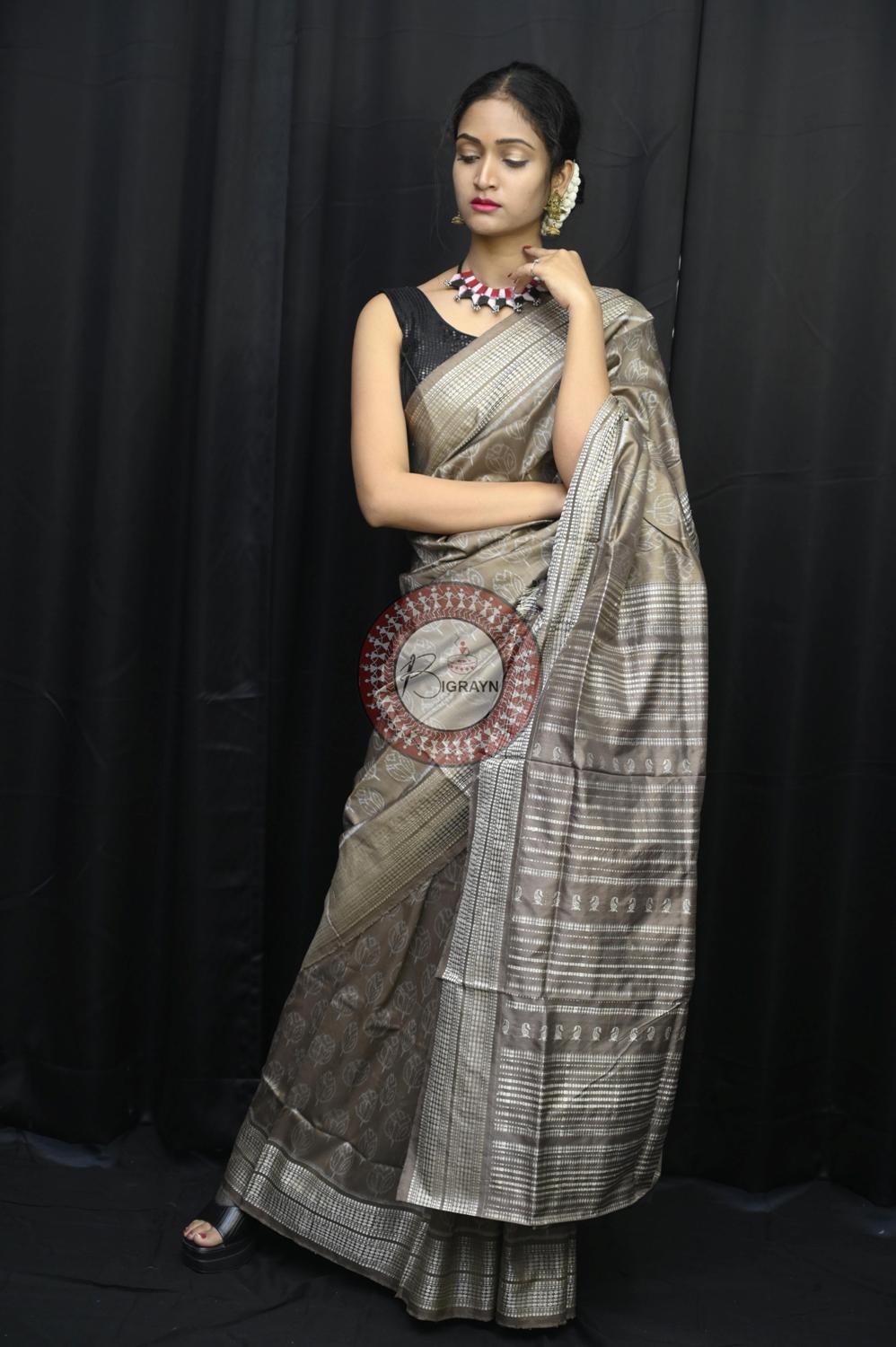 Gray Tulips Tea Leaf Natural Dye Sambalpuri Silk Saree