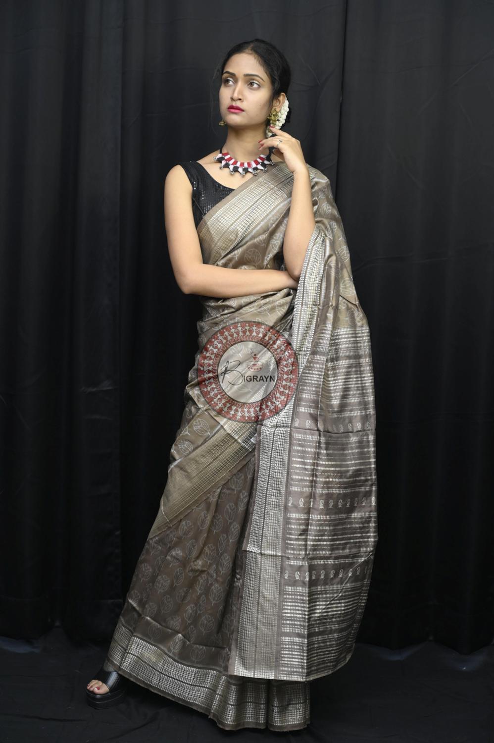 Gray Tulips Tea Leaf Natural Dye Sambalpuri Silk Saree