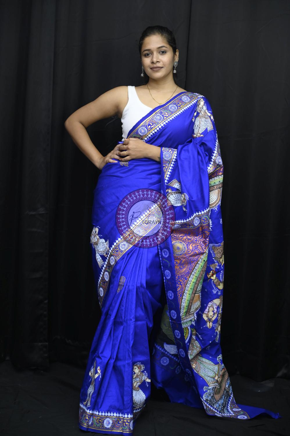 Navy Blue Kandarpa Saraswati Pattachitra Silk Saree