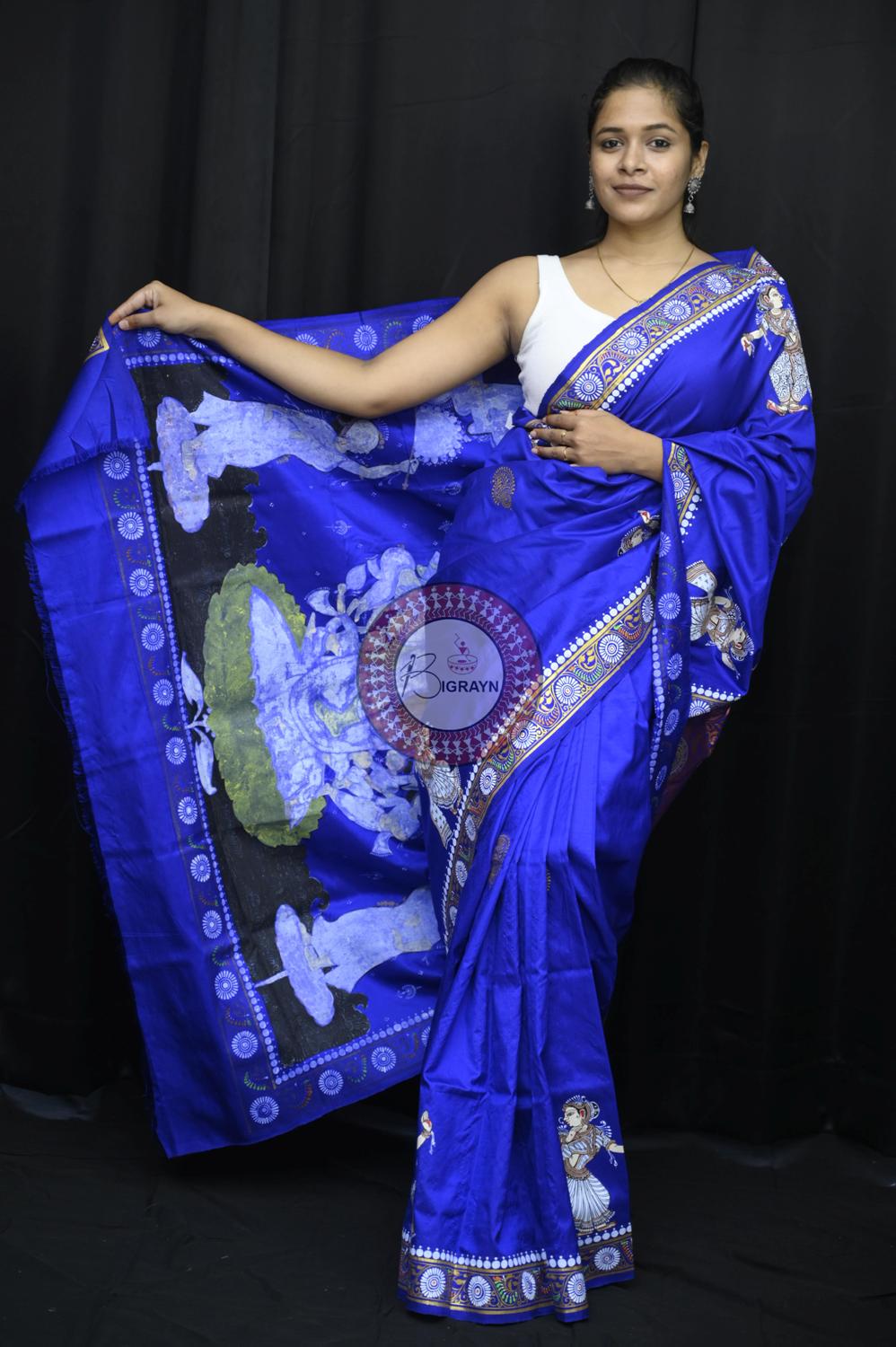 Navy Blue Kandarpa Saraswati Pattachitra Silk Saree
