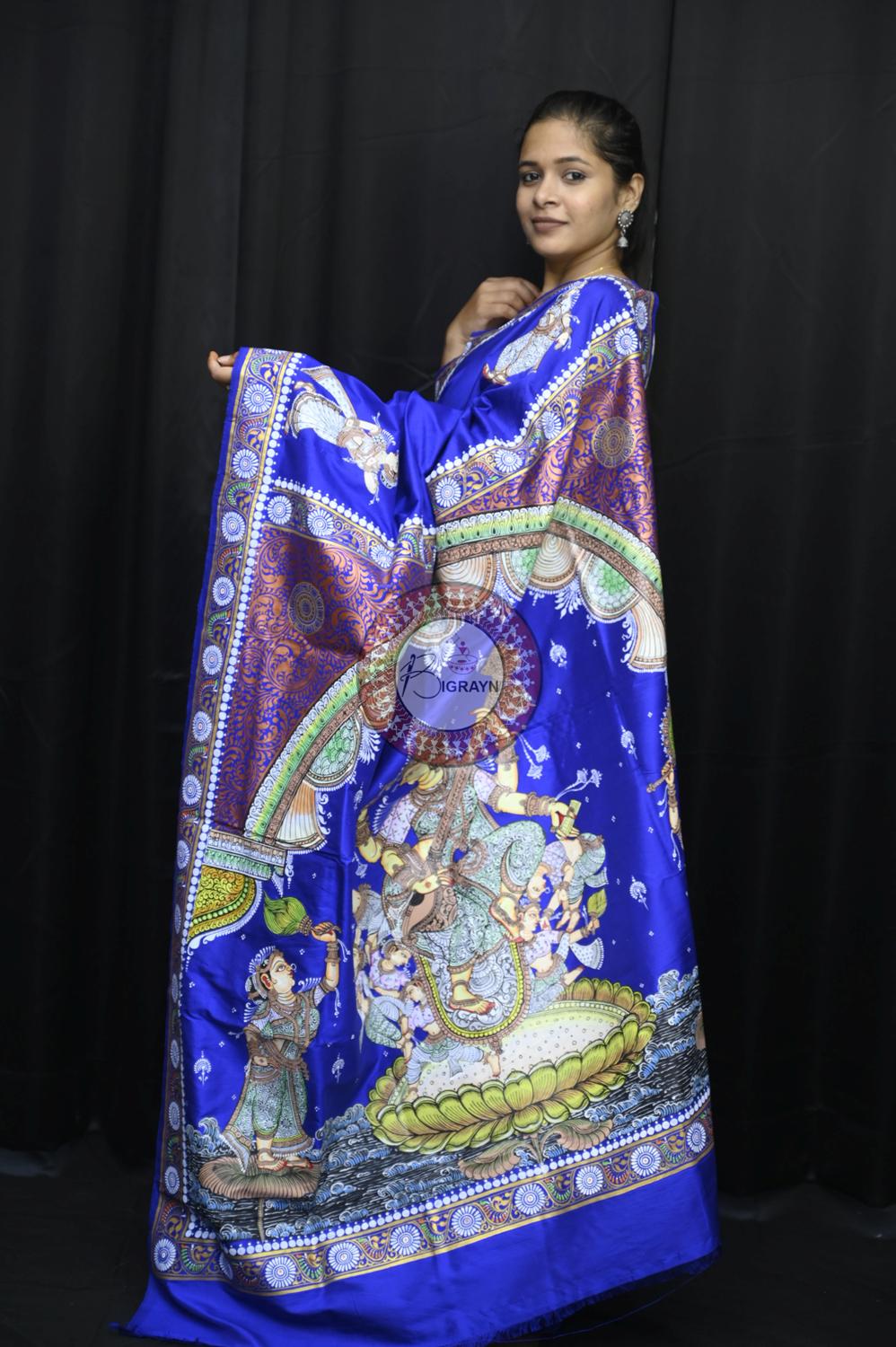 Navy Blue Kandarpa Saraswati Pattachitra Silk Saree
