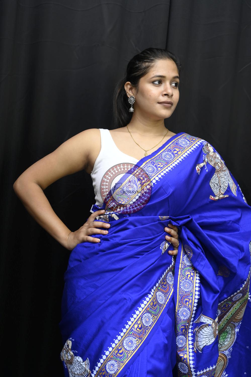 Navy Blue Kandarpa Saraswati Pattachitra Silk Saree