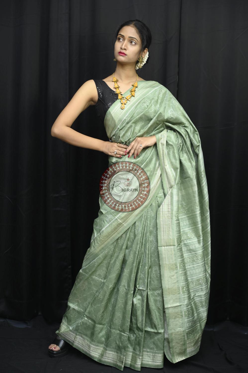 Mint Leaves Flowers Natural Dye Sambalpuri Silk Saree