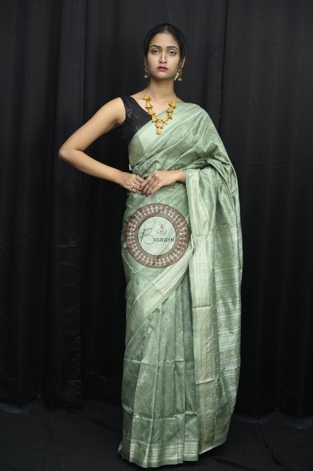 Mint Leaves Flowers Natural Dye Sambalpuri Silk Saree