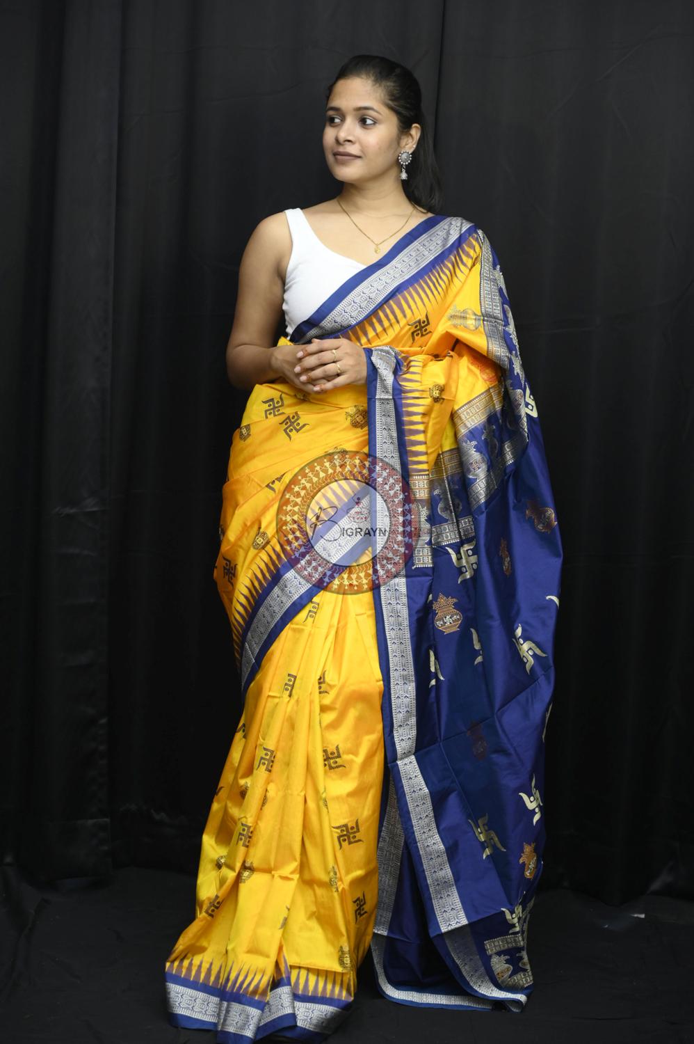 Yellow Blue Swastik Kalash Silk Saree