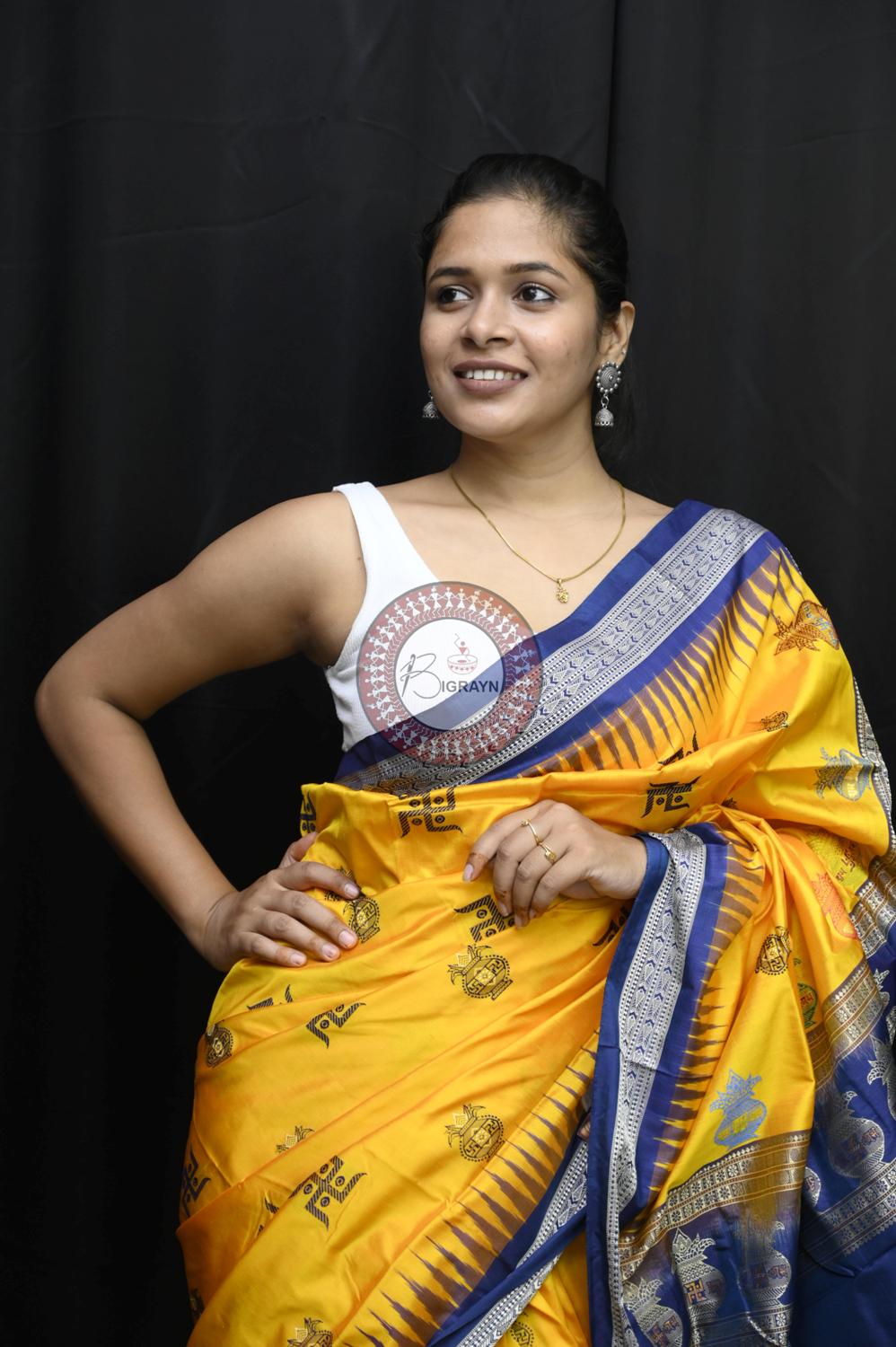 Yellow Blue Swastik Kalash Silk Saree