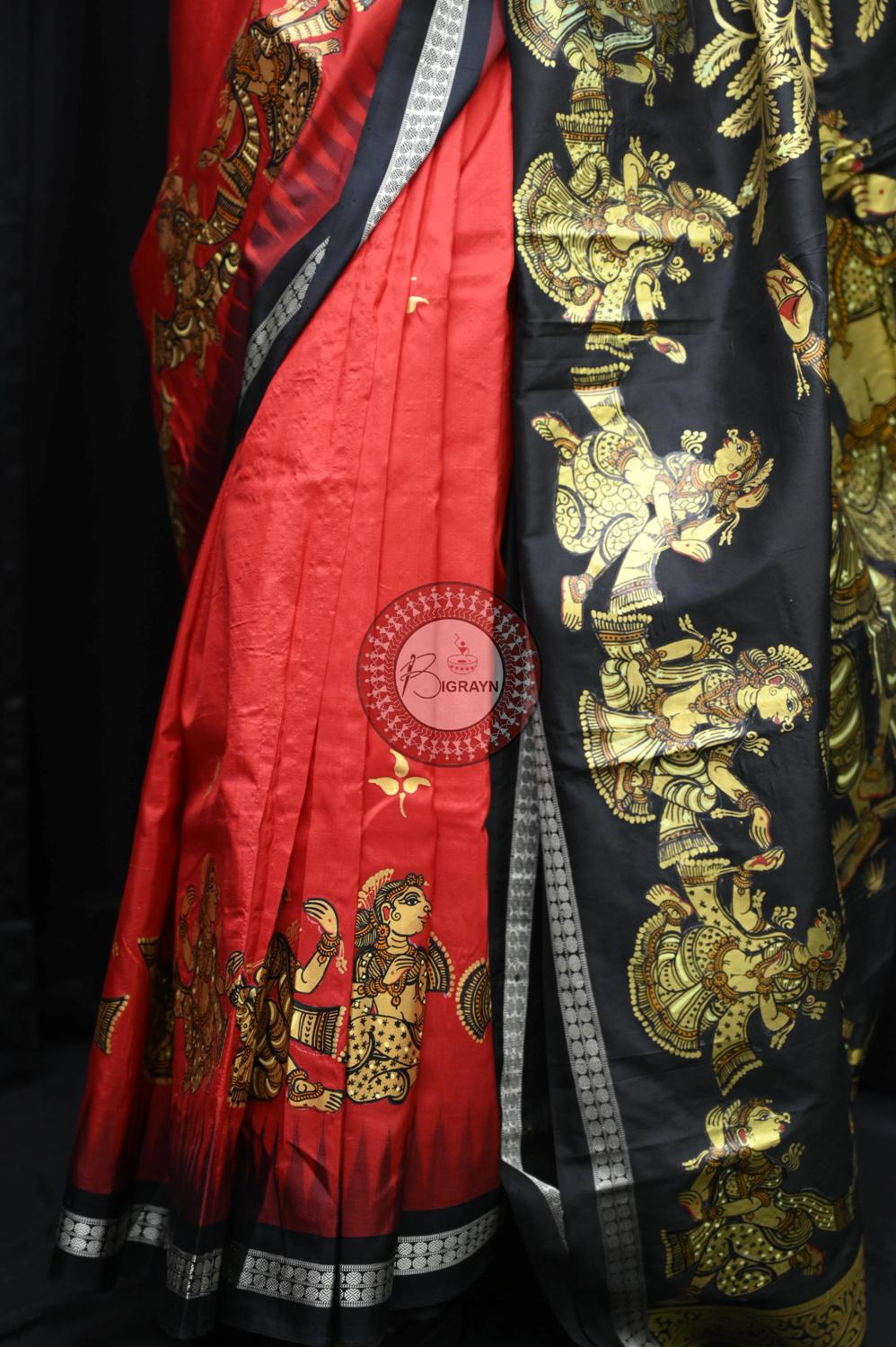 Red Black Golden Dancers Pattachitra Silk Saree