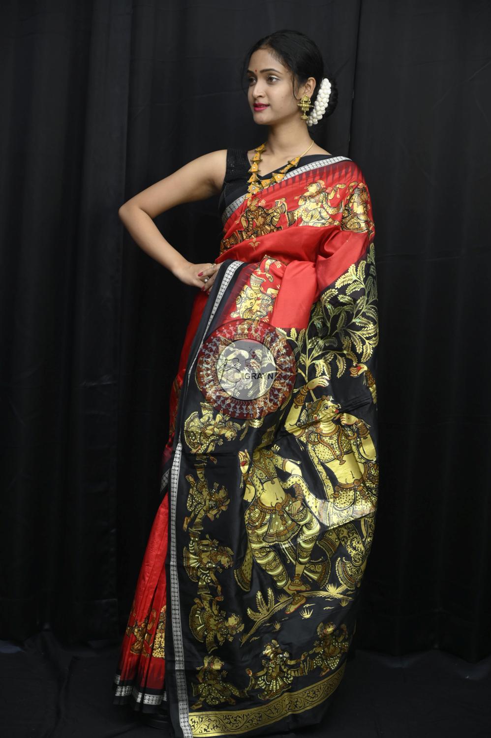 Red Black Golden Dancers Pattachitra Silk Saree