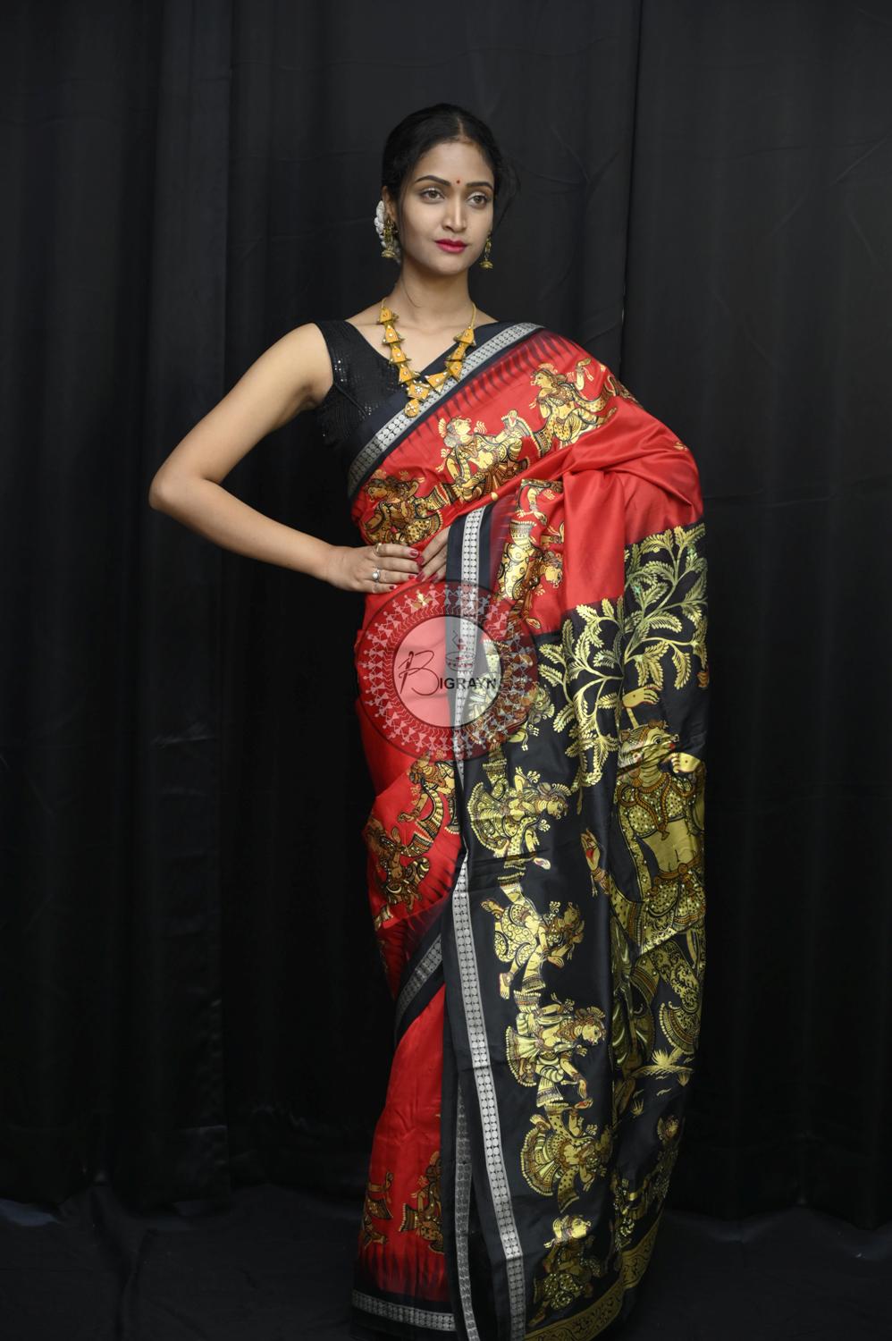 Red Black Golden Dancers Pattachitra Silk Saree
