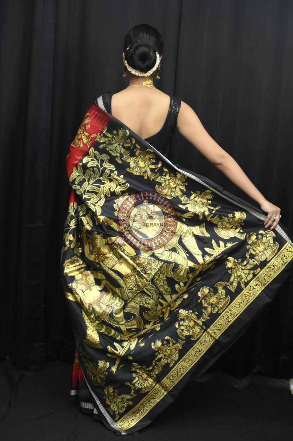 Red Black Golden Dancers Pattachitra Silk Saree