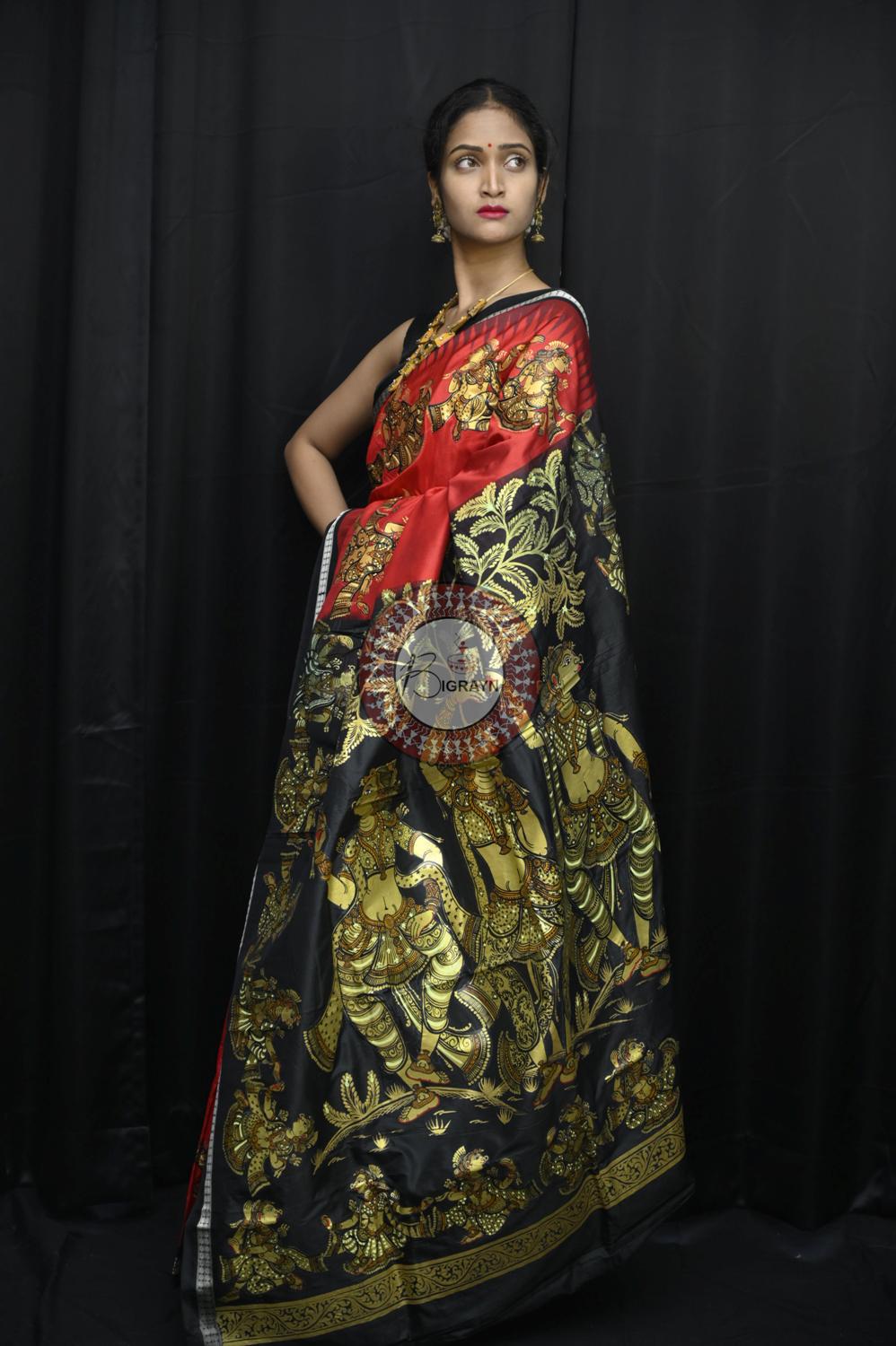 Red Black Golden Dancers Pattachitra Silk Saree