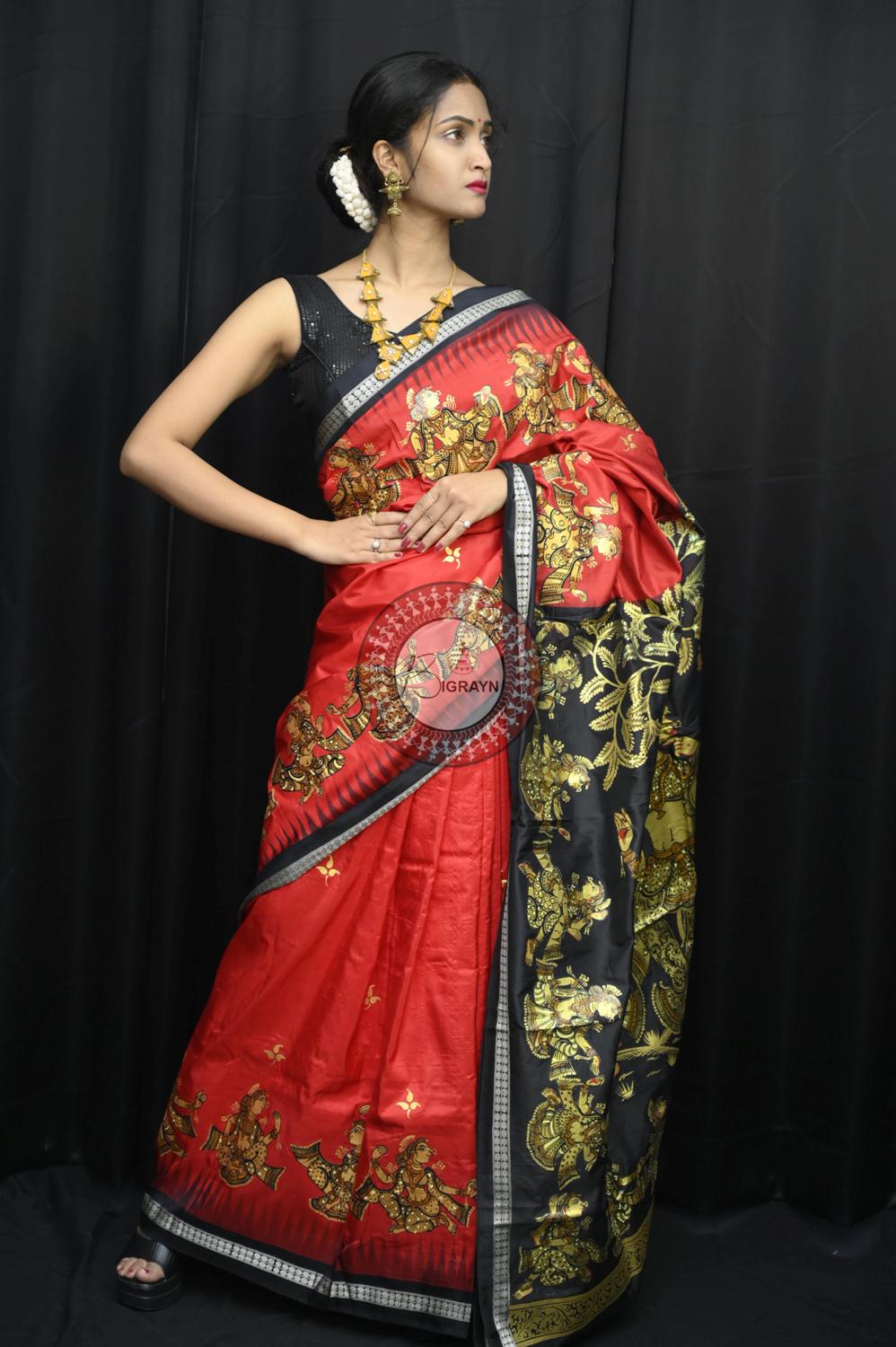 Red Black Golden Dancers Pattachitra Silk Saree