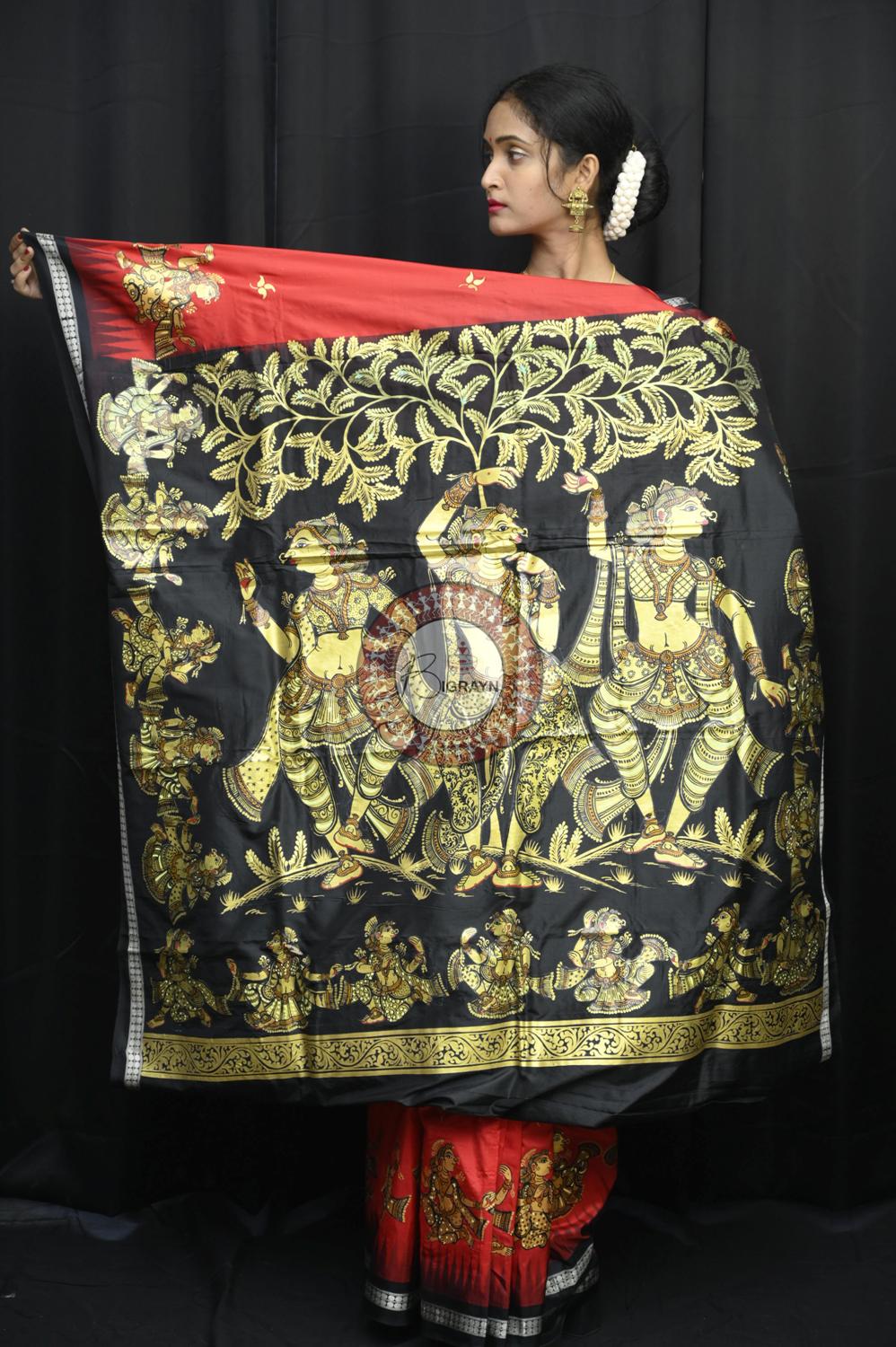 Red Black Golden Dancers Pattachitra Silk Saree
