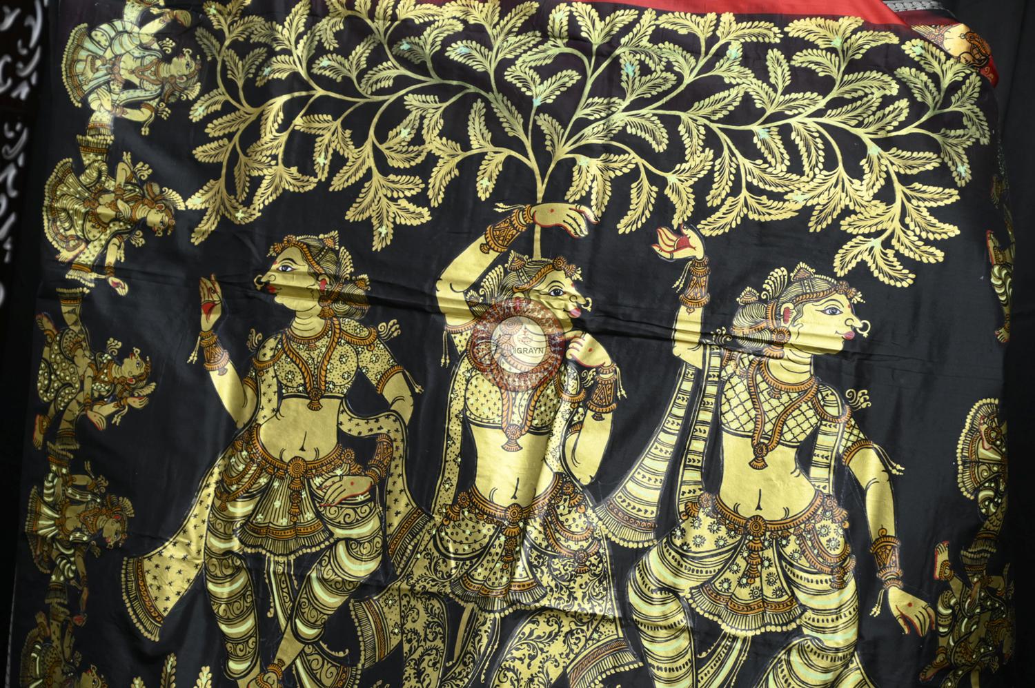 Red Black Golden Dancers Pattachitra Silk Saree