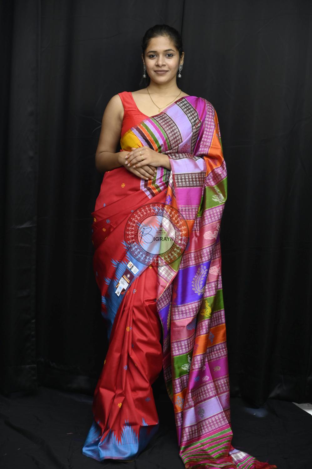 Red Ganga Jamuna Border Double Anchal Berhampuri Silk Saree