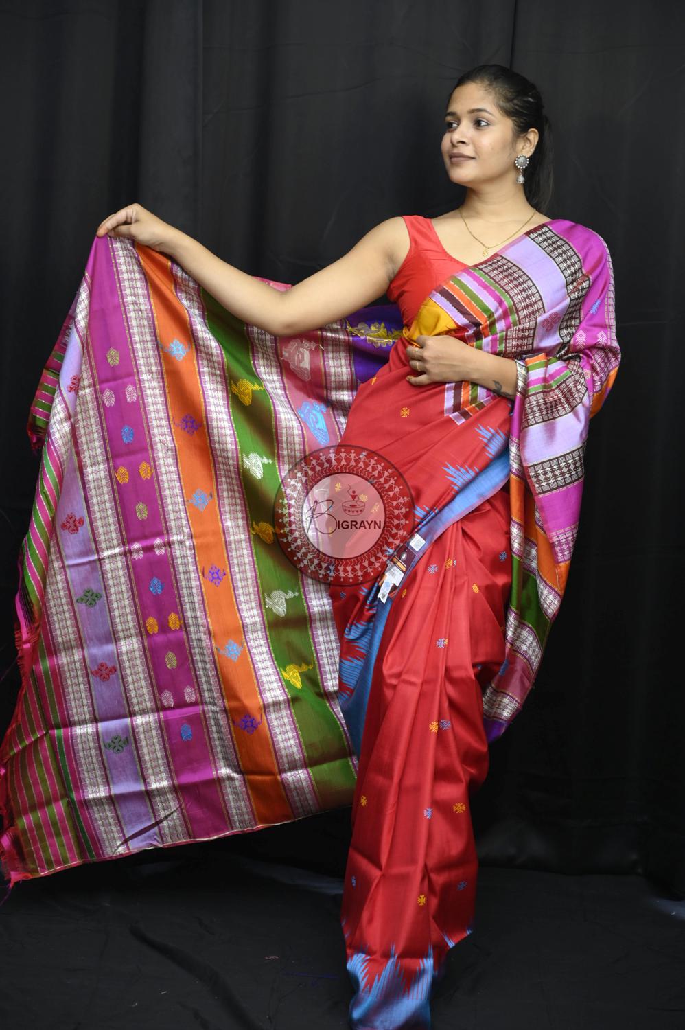 Red Ganga Jamuna Border Double Anchal Berhampuri Silk Saree
