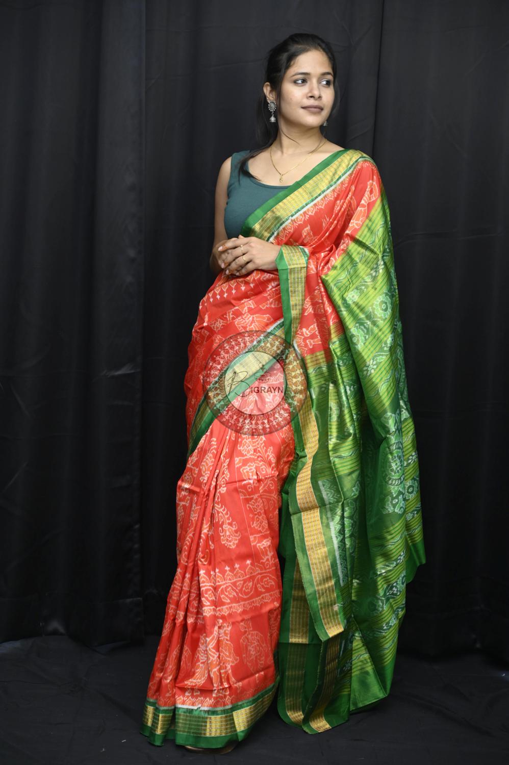 "Odisha Handloom Tissue Silk Saree with shimmering texture, elegant zari border, and lightweight drape, handcrafted by artisans"