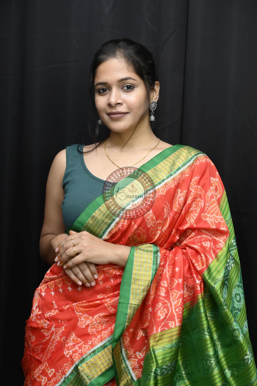 "Odisha Handloom Tissue Silk Saree with shimmering texture, elegant zari border, and lightweight drape, handcrafted by artisans"
