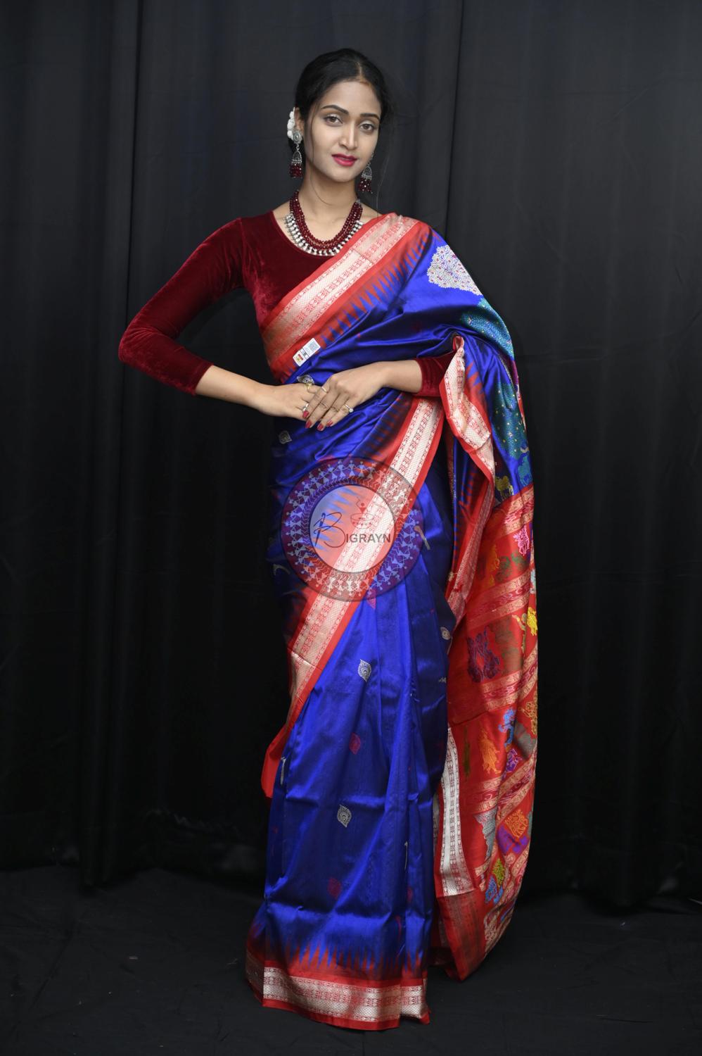 Blue Red Rasleela Exclusive Sambalpuri Silk Saree