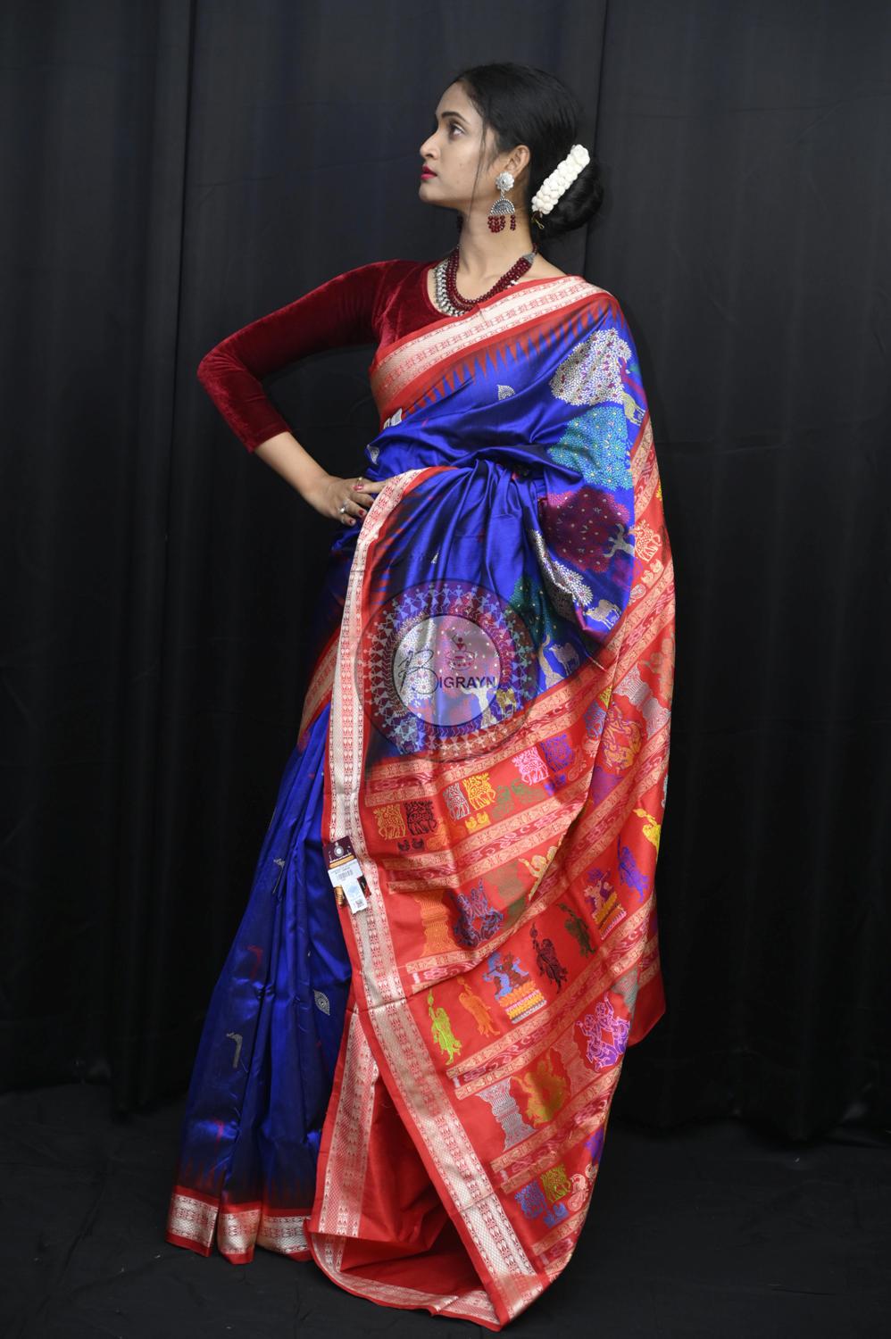 Blue Red Rasleela Exclusive Sambalpuri Silk Saree