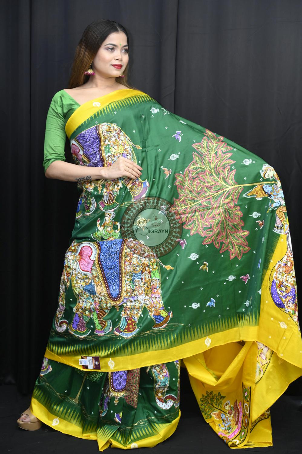 Green Yellow 7 Kandarpa Hasti Pattachitra Silk Saree