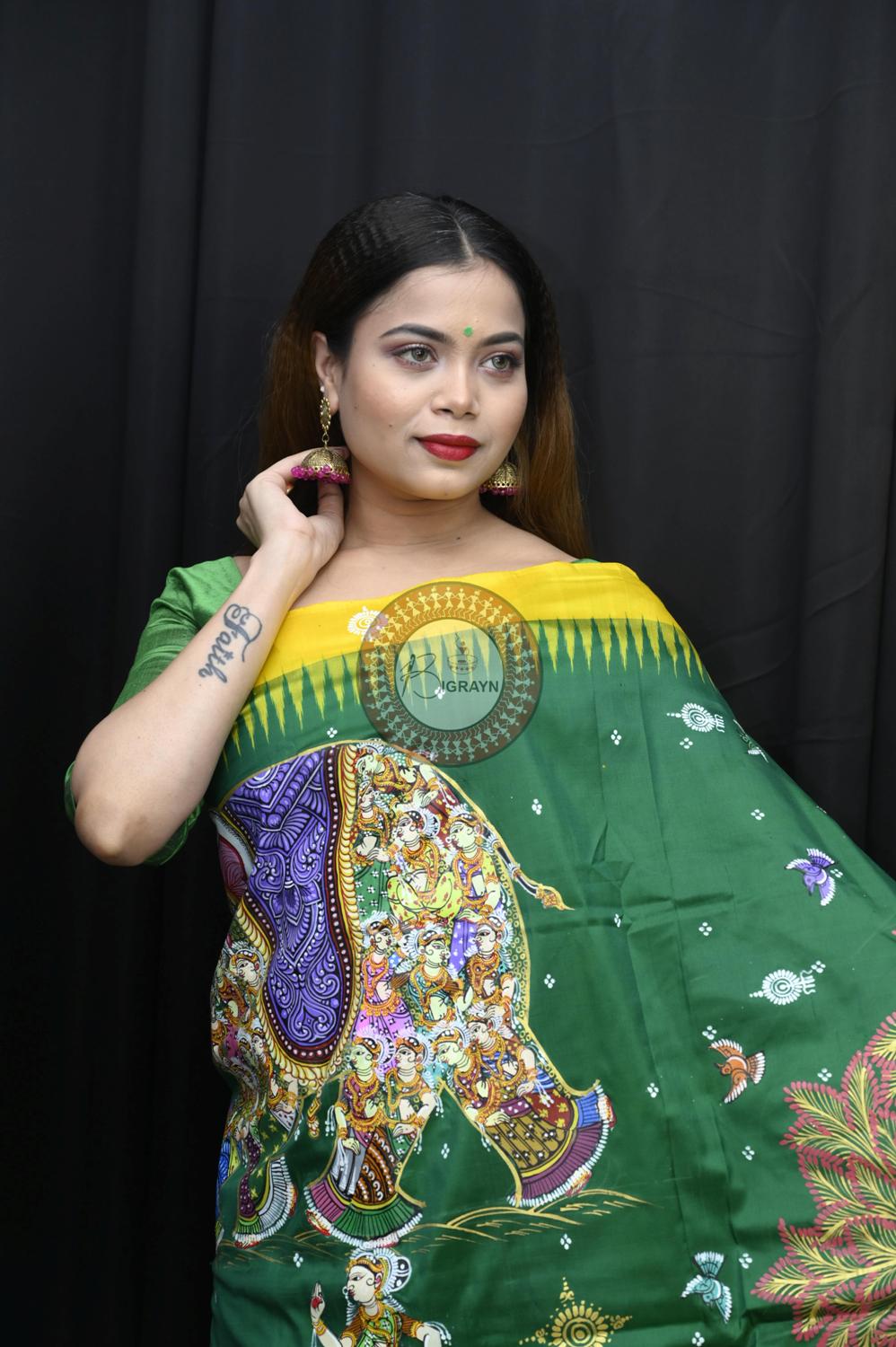 Green Yellow 7 Kandarpa Hasti Pattachitra Silk Saree