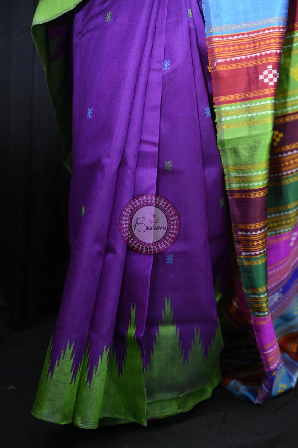 Purple Ganga Jamuna Border Birds Double Anchal Berhampuri Silk Saree