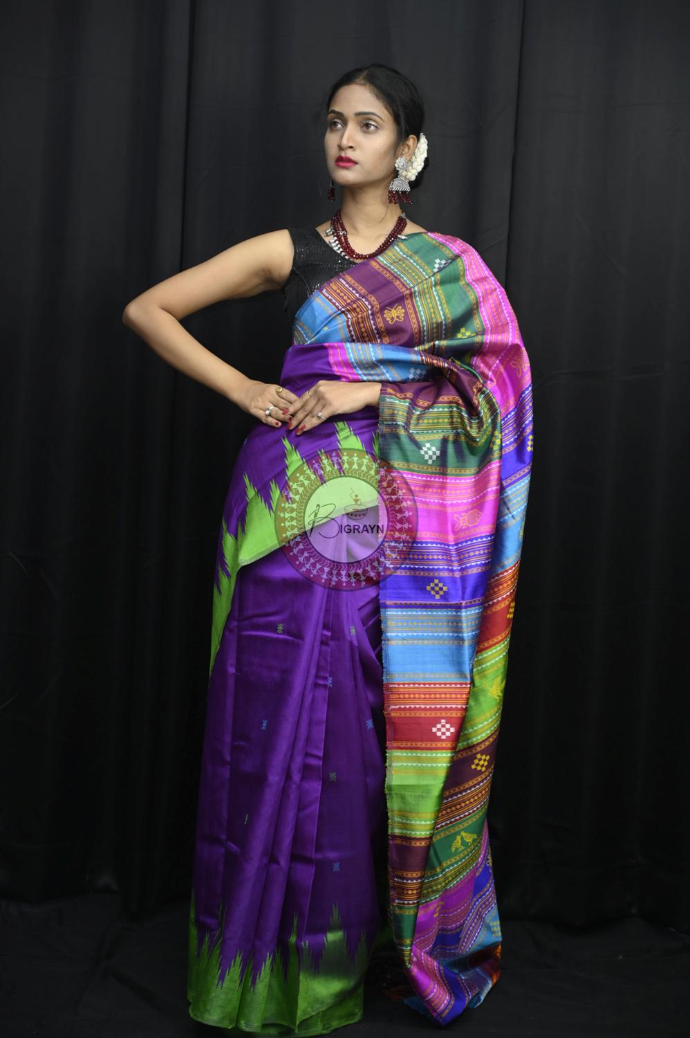 Purple Ganga Jamuna Border Birds Double Anchal Berhampuri Silk Saree