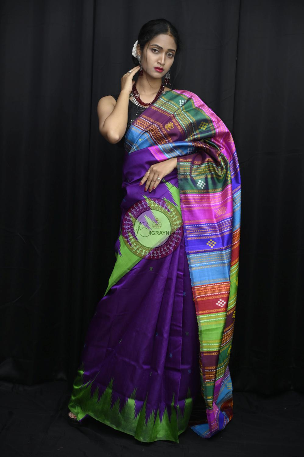 Purple Ganga Jamuna Border Birds Double Anchal Berhampuri Silk Saree