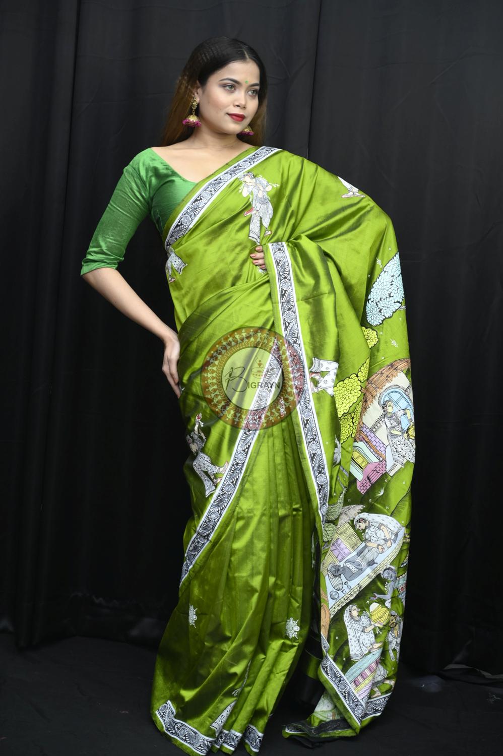 Mehndi Lakhe Hira Pattachitra Silk Saree