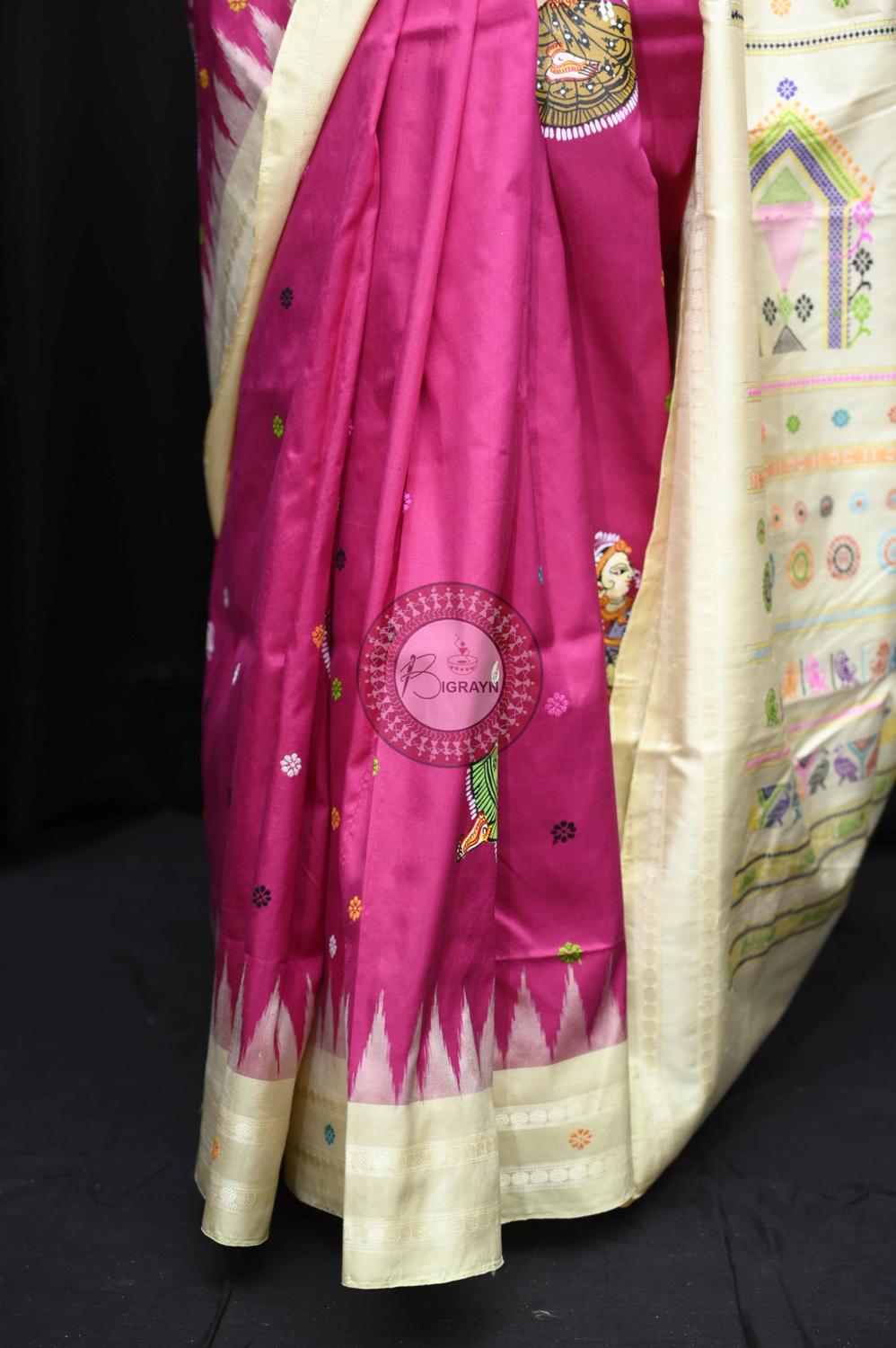 Magenta Body Dancers Dolabedi Pattachitra Silk Saree