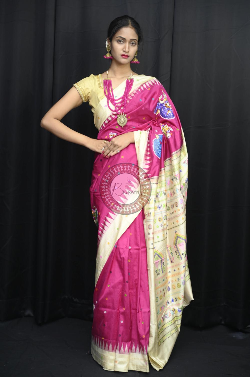 Magenta Body Dancers Dolabedi Pattachitra Silk Saree