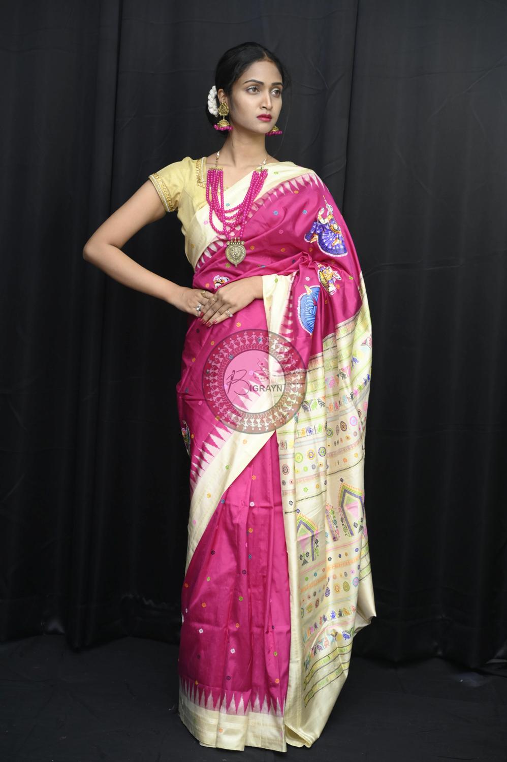 Magenta Body Dancers Dolabedi Pattachitra Silk Saree