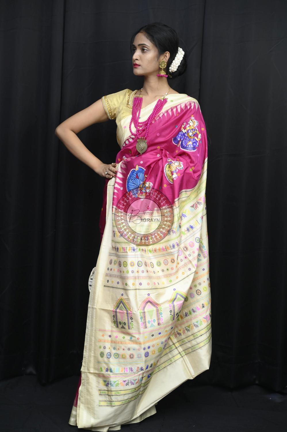Magenta Body Dancers Dolabedi Pattachitra Silk Saree