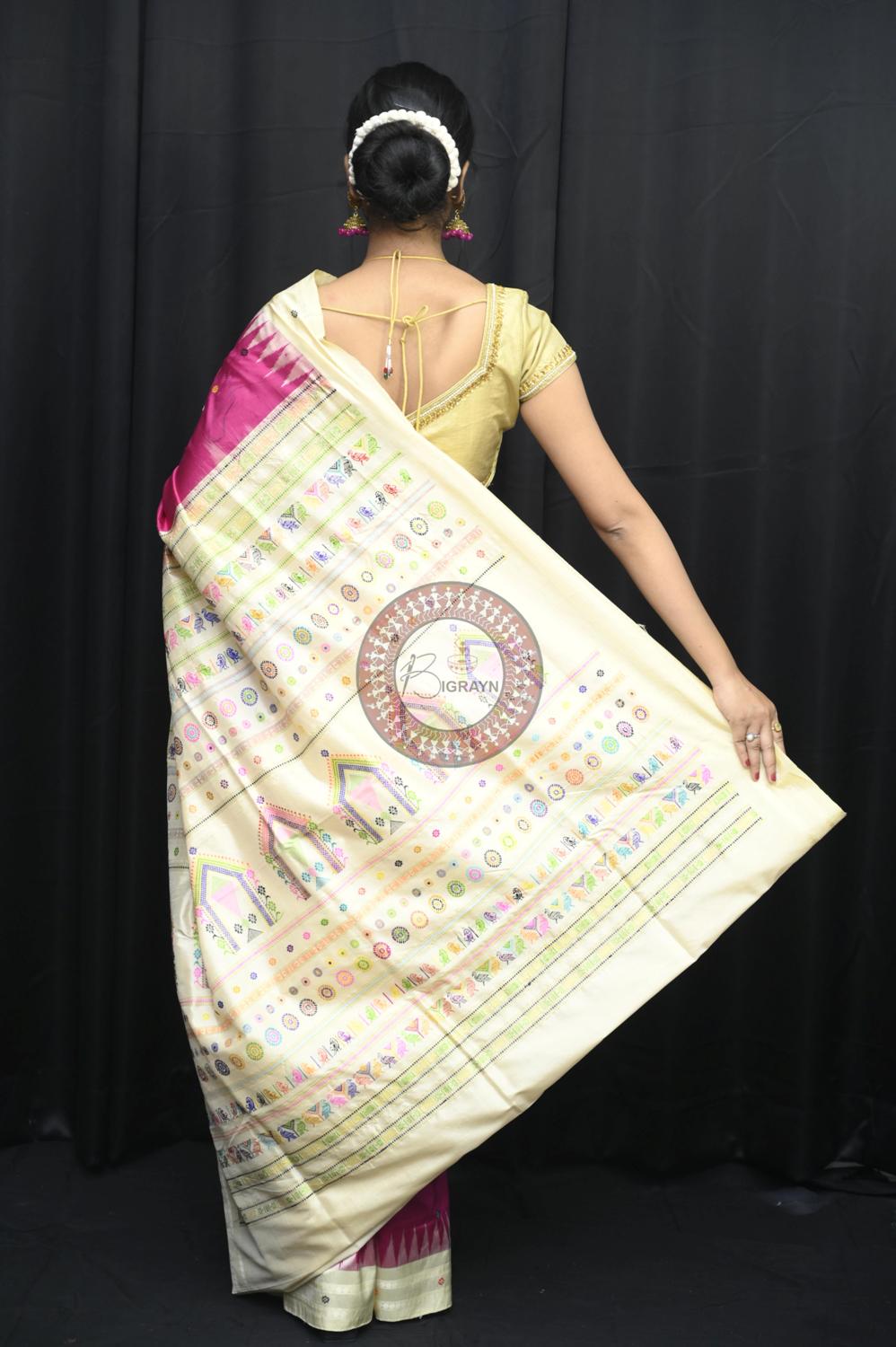 Magenta Body Dancers Dolabedi Pattachitra Silk Saree