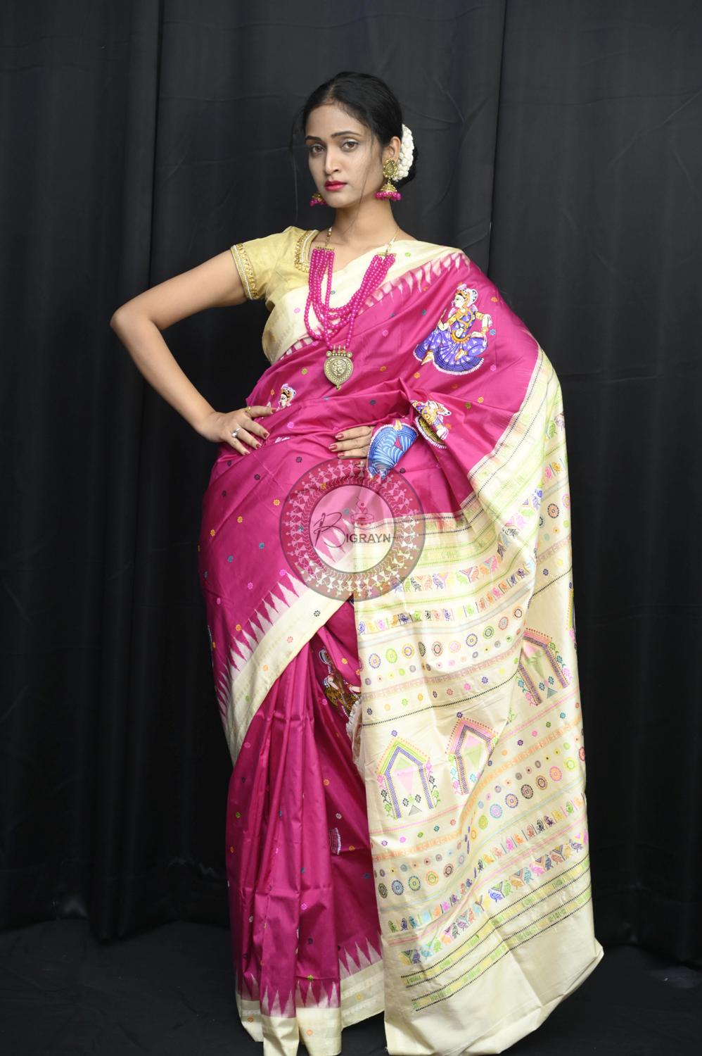 Magenta Body Dancers Dolabedi Pattachitra Silk Saree