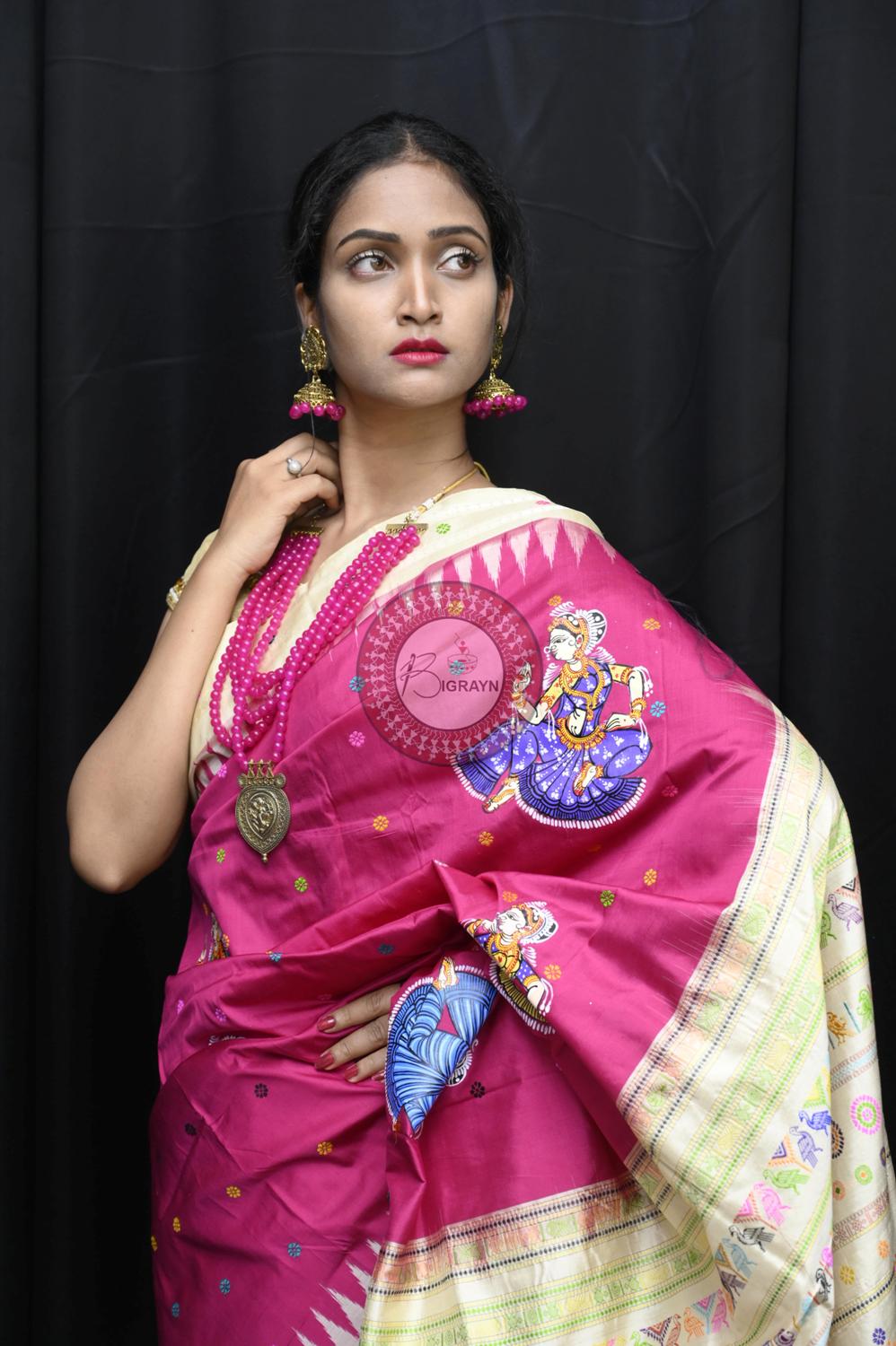 Magenta Body Dancers Dolabedi Pattachitra Silk Saree