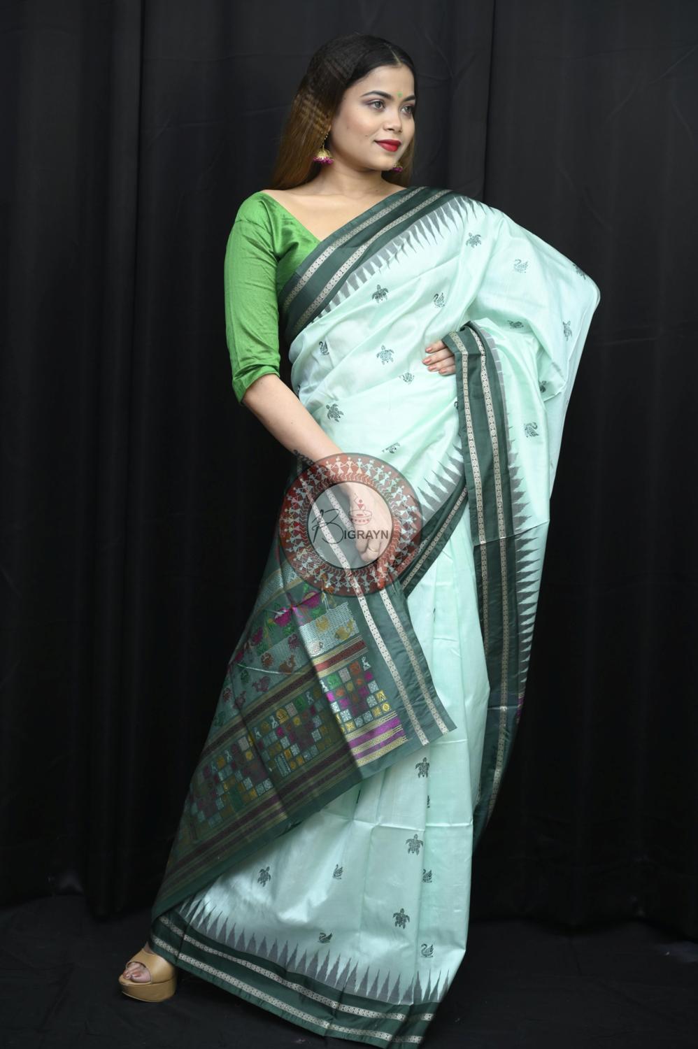 Aqua Green Chilika Theme Exclusive Sambalpuri Silk Saree