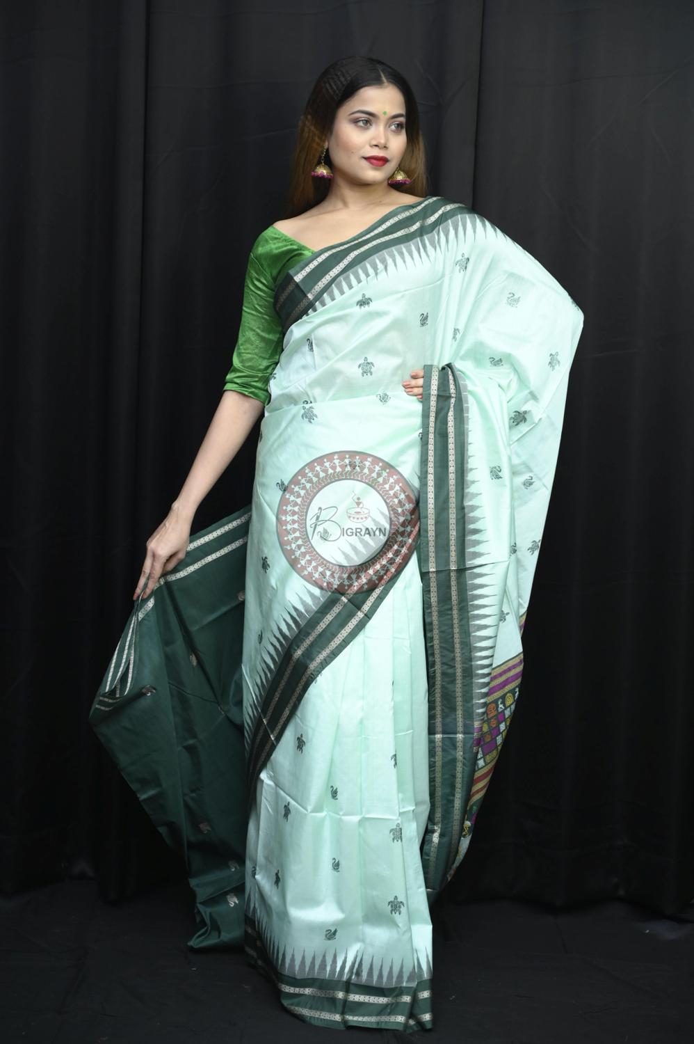Aqua Green Chilika Theme Exclusive Sambalpuri Silk Saree
