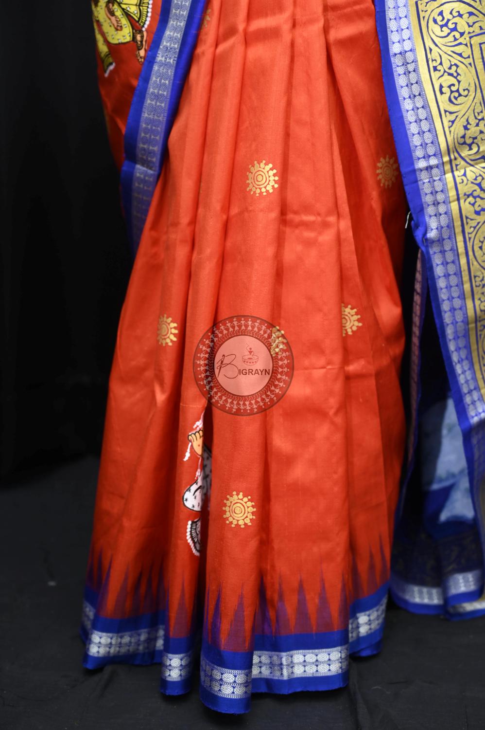 Orange Blue Ganesh Theme Pattachitra Silk Saree