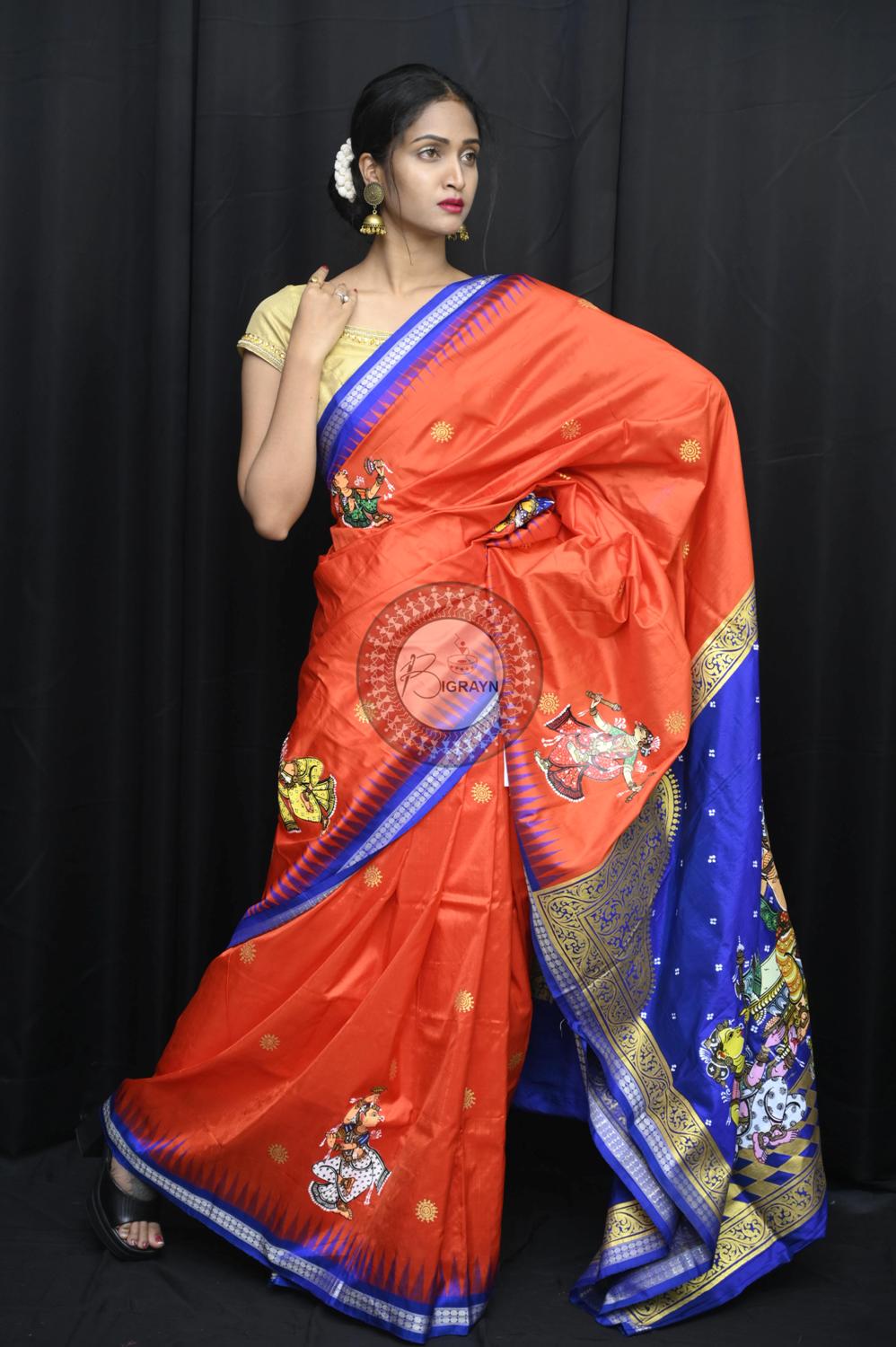 Orange Blue Ganesh Theme Pattachitra Silk Saree