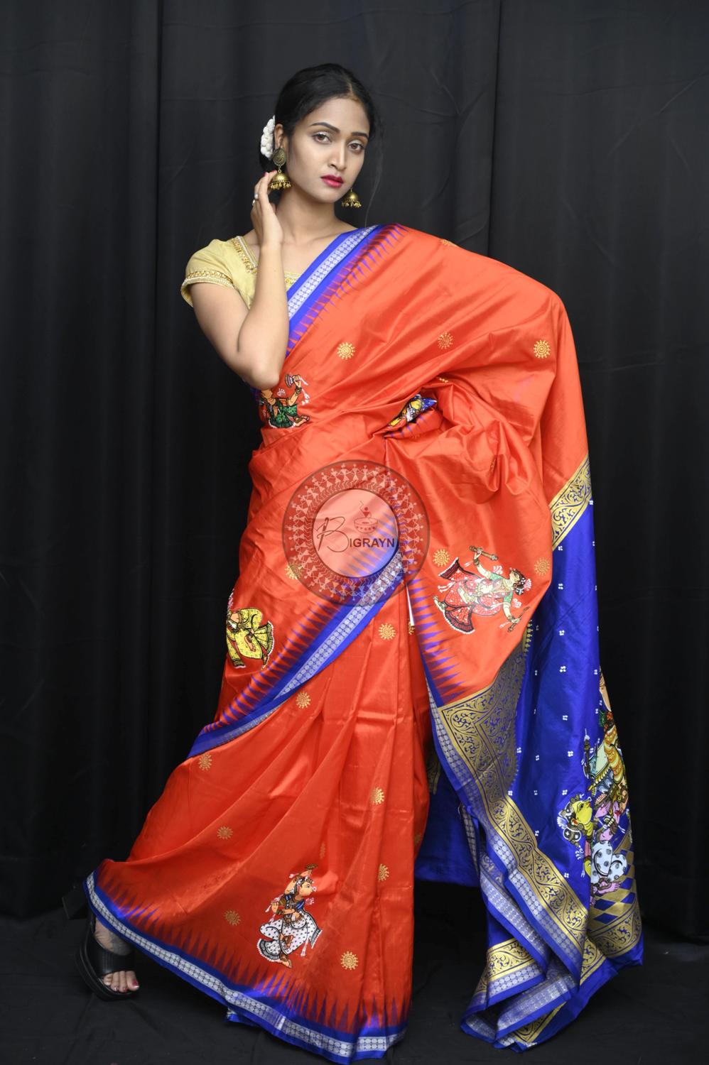 Orange Blue Ganesh Theme Pattachitra Silk Saree