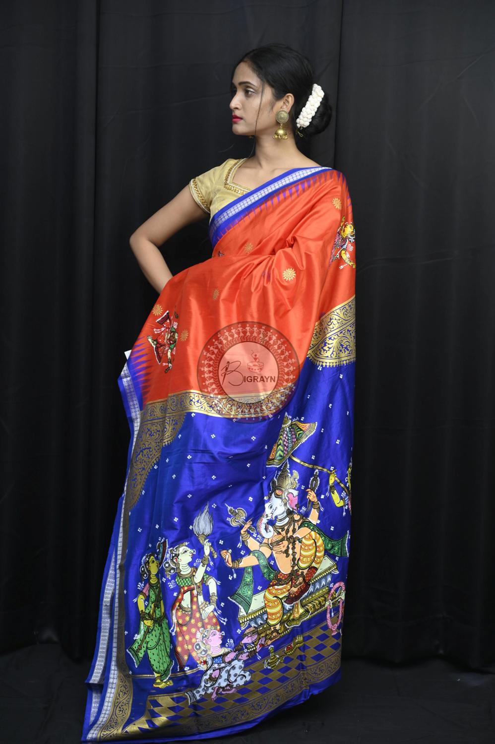 Orange Blue Ganesh Theme Pattachitra Silk Saree