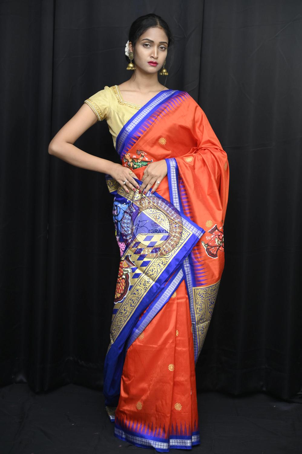 Orange Blue Ganesh Theme Pattachitra Silk Saree