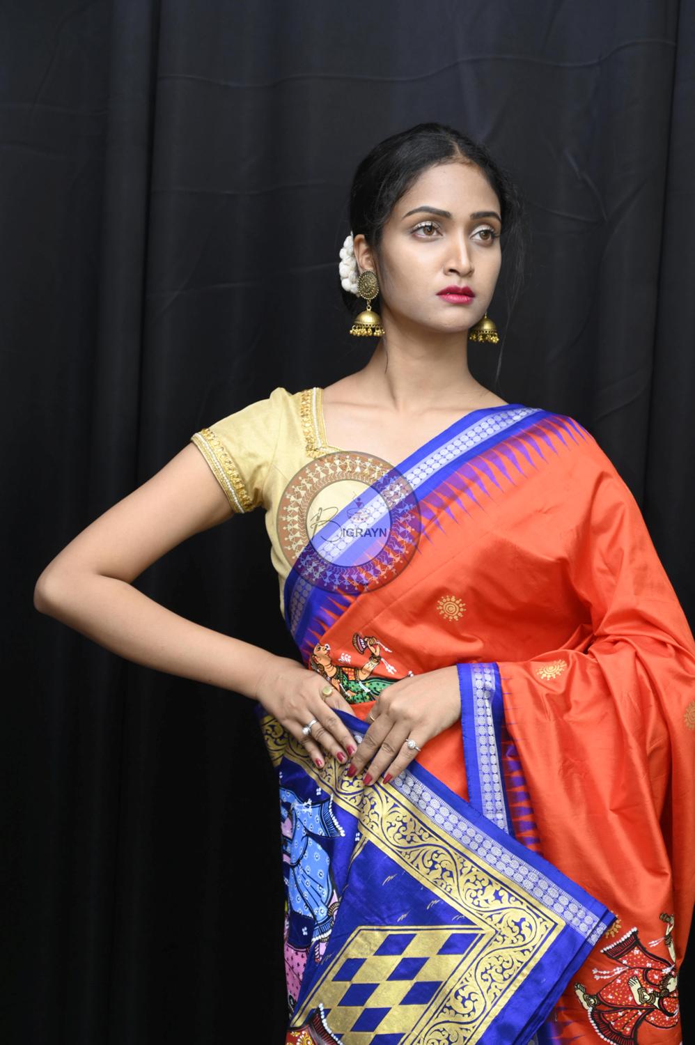 Orange Blue Ganesh Theme Pattachitra Silk Saree