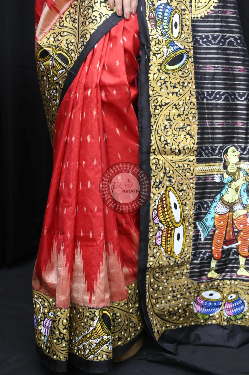 Red Ganga Jamuna Border Marriage Theme Pattachitra Silk Saree