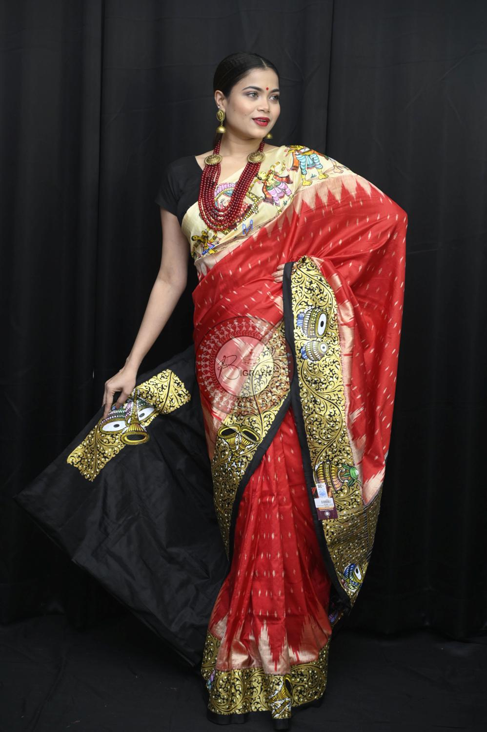 Red Ganga Jamuna Border Marriage Theme Pattachitra Silk Saree