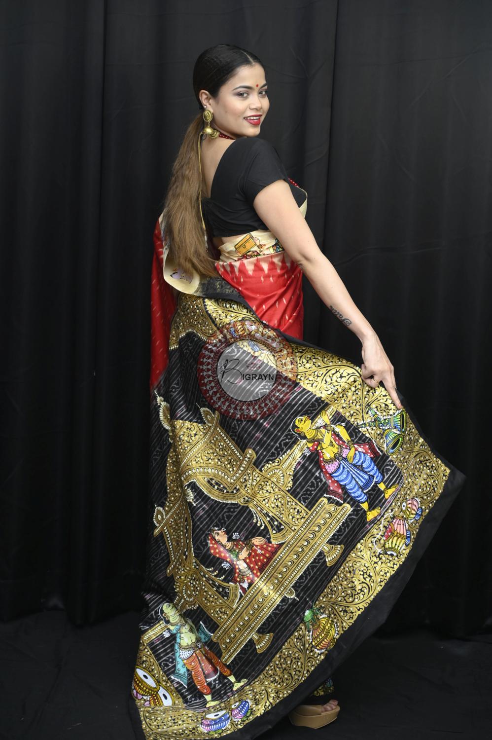 Red Ganga Jamuna Border Marriage Theme Pattachitra Silk Saree